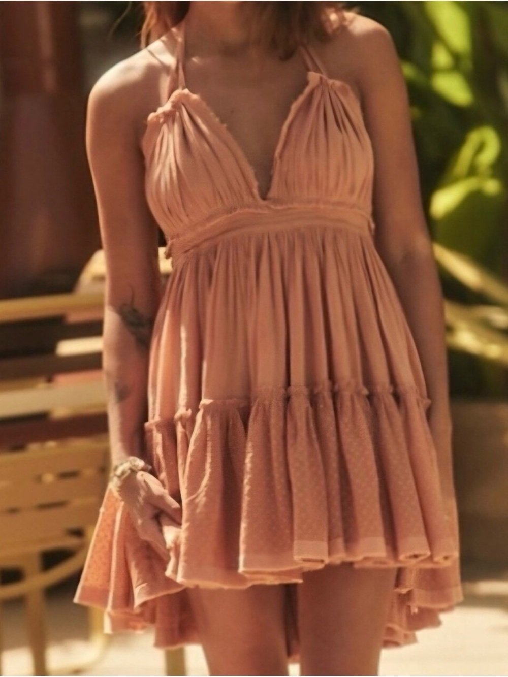 Peach Halter Mini Dress with Tiered Skirt